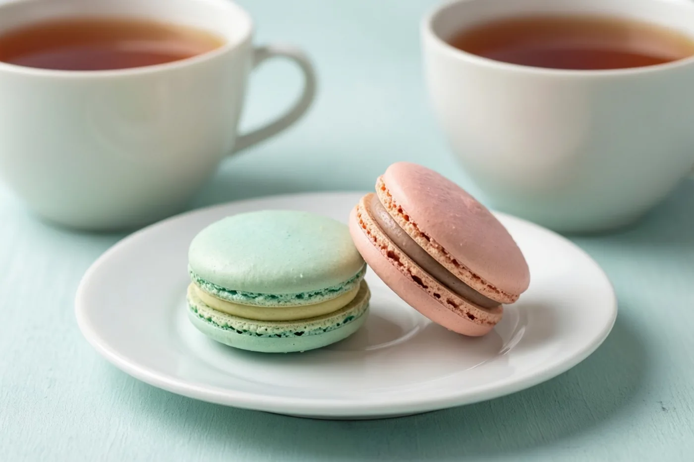 Een mintgroene en een roze macaron liggen op een wit bord tussen twee witte kopjes thee op een lichtblauw oppervlak.