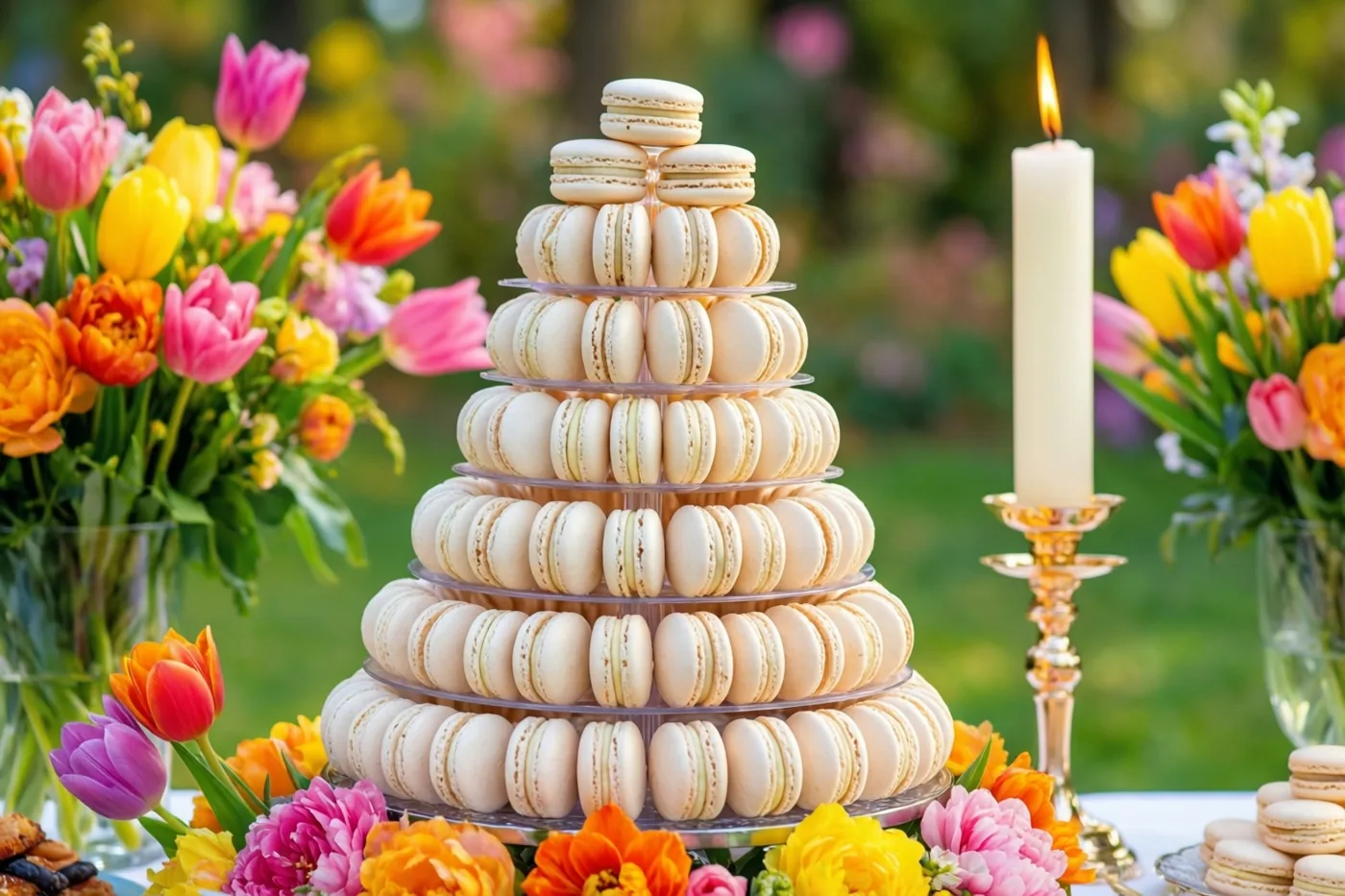 Een hoge toren van witte macarons staat op een etagère tussen kleurrijke tulpen en andere bloemen, naast een witte communiekaars in een gouden kandelaar.
