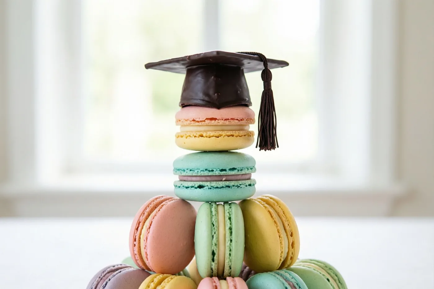Een torentje kleurrijke pastelmacarons met een afstudeerhoedje van pure chocolade staat voor een helder, wazig raam.
