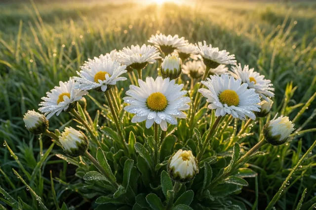 Witte madeliefjes met gele hartjes en glinsterende dauwdruppels staan in een grasveld in het warme gouden licht van de zonsopgang.