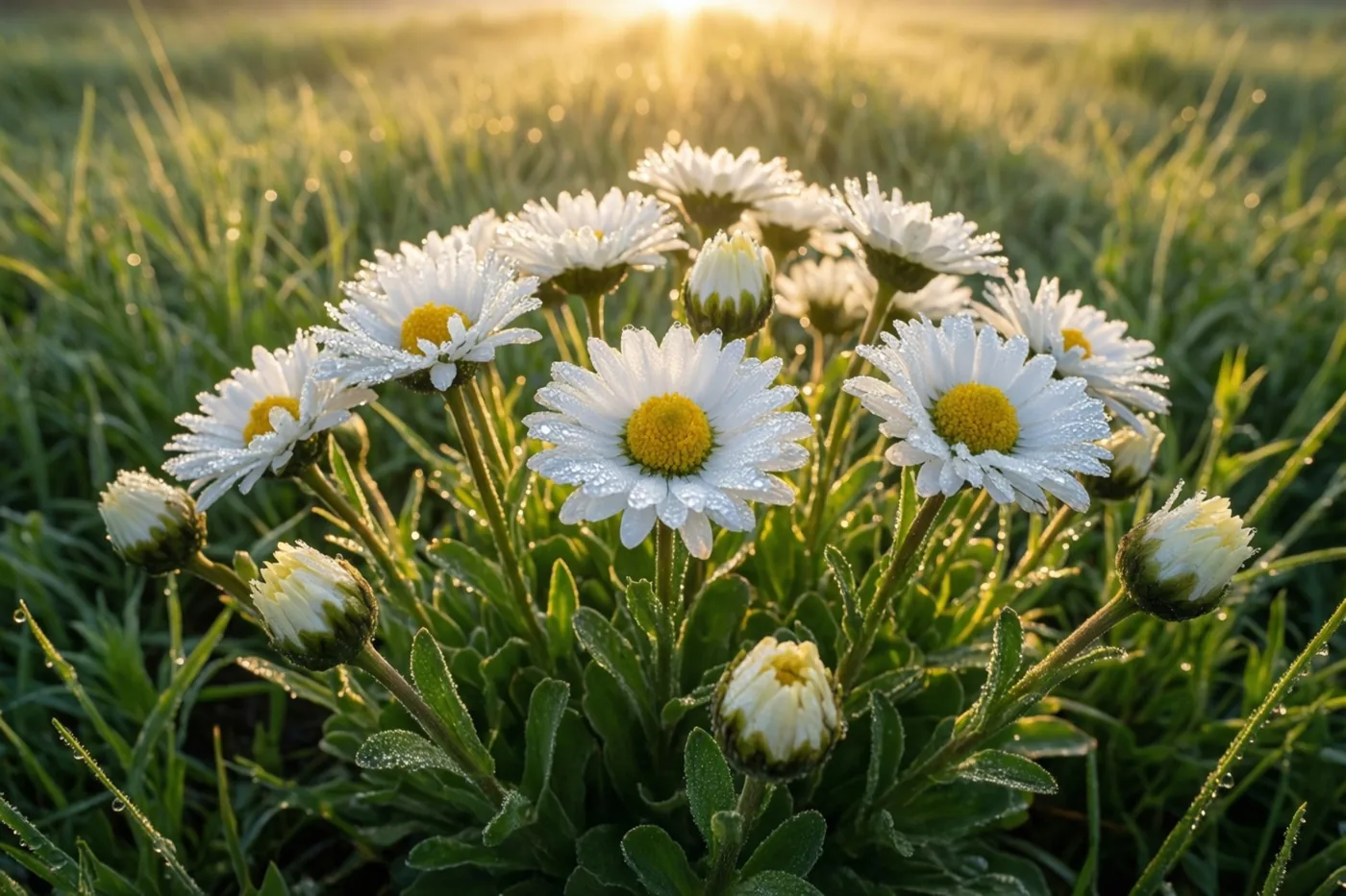 Witte madeliefjes met gele hartjes en glinsterende dauwdruppels staan in een grasveld in het warme gouden licht van de zonsopgang.