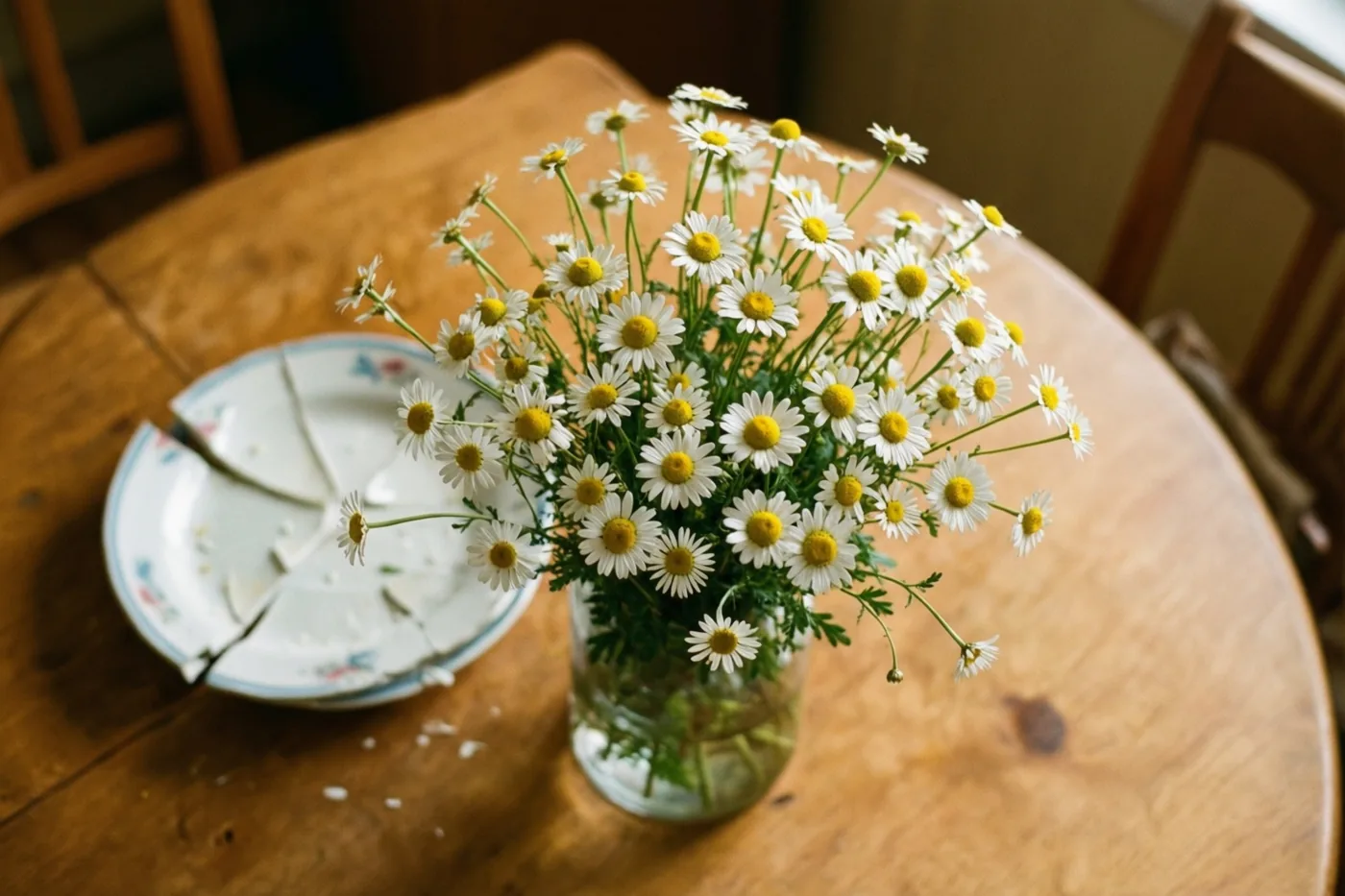 Een klein boeket witte madeliefjes met gele hartjes staat in een doorzichtige glazen vaas op een houten keukentafel naast een gebroken keramisch bord met bloemenmotieven.