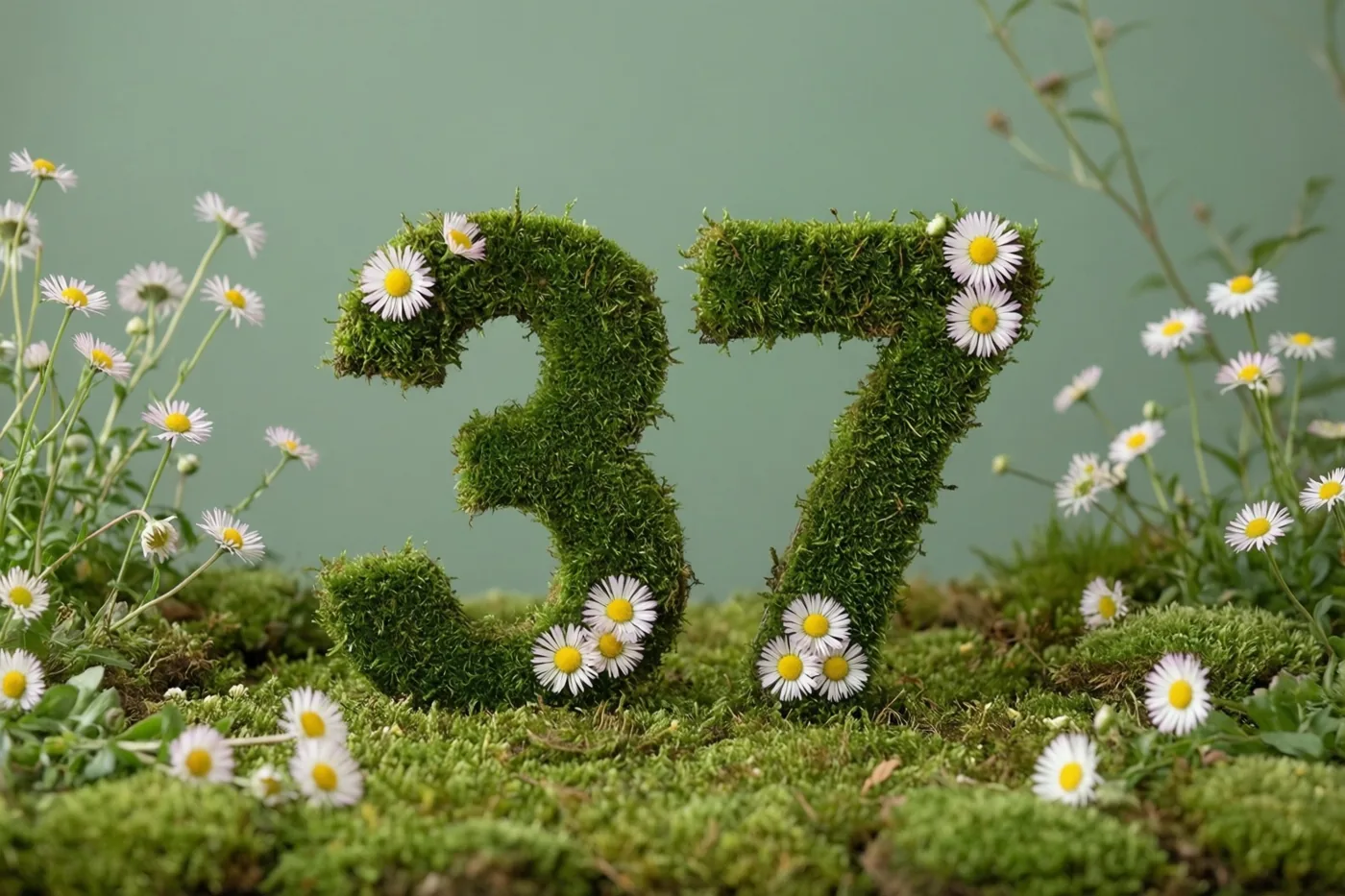 Een getal 37 van groen mos met witte madeliefjes staat in een landelijke tuin tegen een zachtgroene achtergrond.