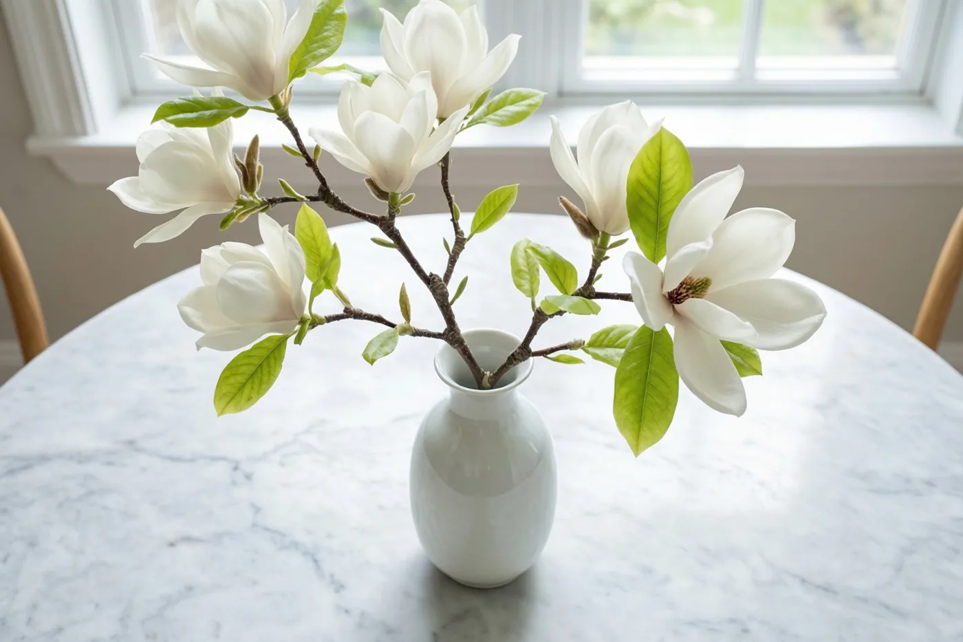 Een tak witte magnolia's met groene bladeren staat in een slanke witte porseleinen vaas op een lichte marmeren tafel, met zacht licht van een raam op de achtergrond.