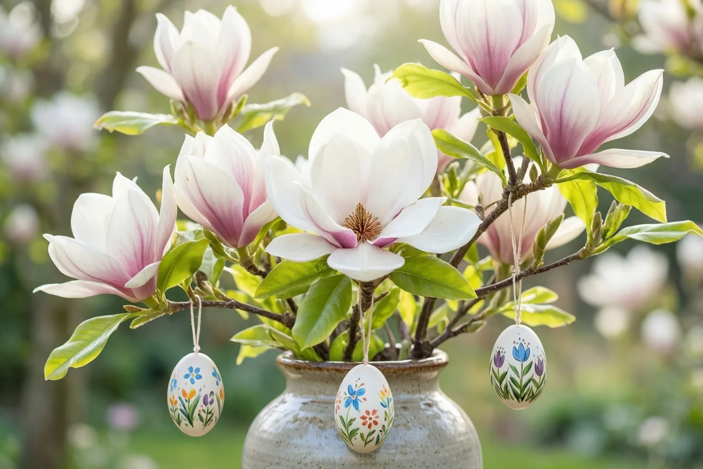 Een magnoliatak met witte en roze bloemen en drie handbeschilderde paaseieren staat buiten in een vaas van steengoed met reliëf, tegen een onscherpe groene achtergrond.