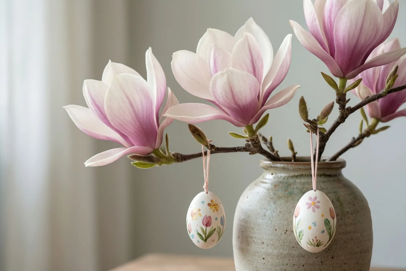 Een tak met roze en witte magnoliabloemen staat in een vaas van steengoed, met twee handbeschilderde paaseieren aan de takken, binnenshuis bij zacht daglicht.