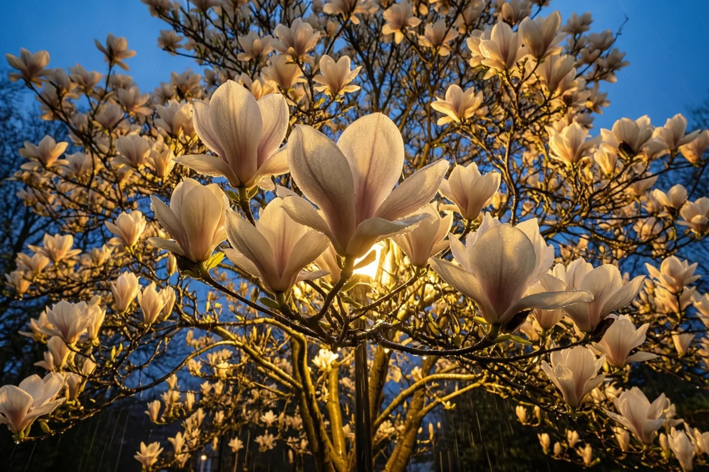 Een magnoliaboom met witte en lichtroze bloemen vol waterdruppels staat in warm tegenlicht onder een diepblauwe schemerlucht.