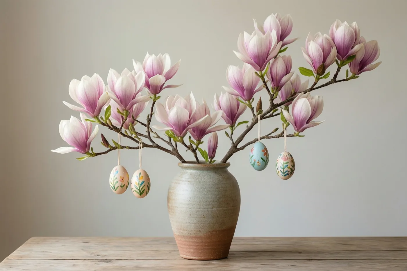 Een tak met roze en witte magnoliabloemen en vier handbeschilderde paaseieren staat in een vaas van steengoed op een houten tafel voor een lichte muur.