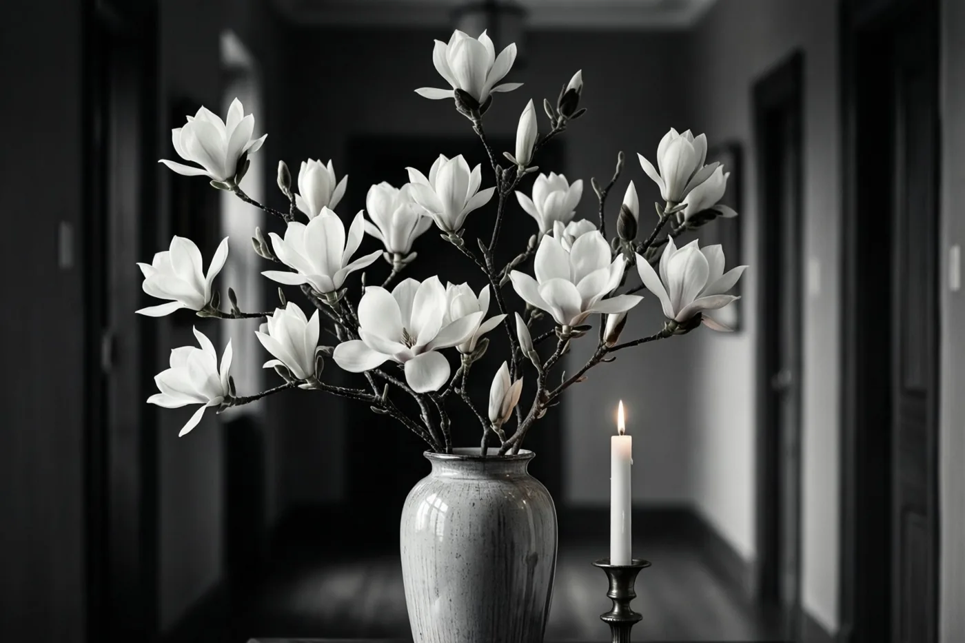 Een witte magnoliatak staat in een hoge vaas naast één brandende kaars in een schemerige gang, weergegeven in zwart-wit.