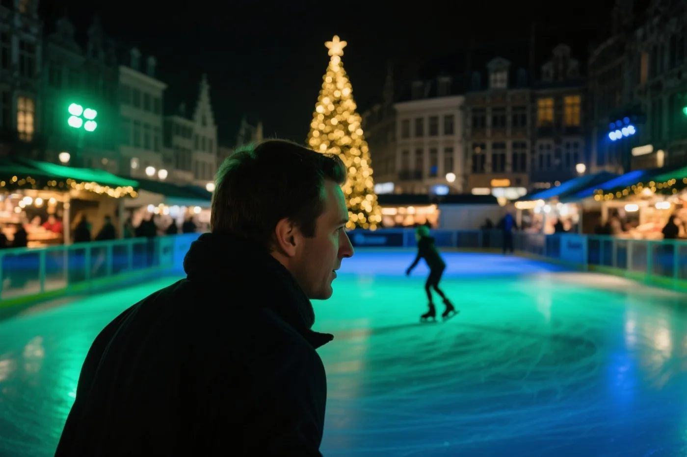 Een man in profiel staat aan de rand van een ijsbaan op een Belgisch marktplein en kijkt naar een schaatser in de verte, bij een verlichte kerstboom en feestverlichting in gele en blauwgroene tinten.