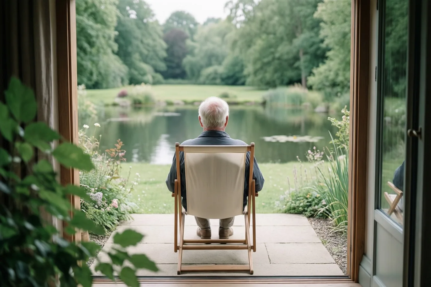 Door een deuropening is een oudere man met wit haar van achteren te zien in een houten ligstoel bij een stille tuinvijver, met groen blad op de voorgrond.