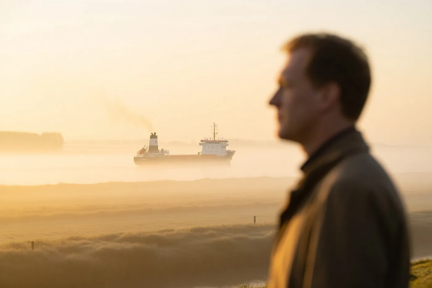 Een man staat in profiel op de voorgrond en kijkt naar een groot schip dat bij zonsopgang door dichte mist op de Schelde vaart, in goudkleurig licht.