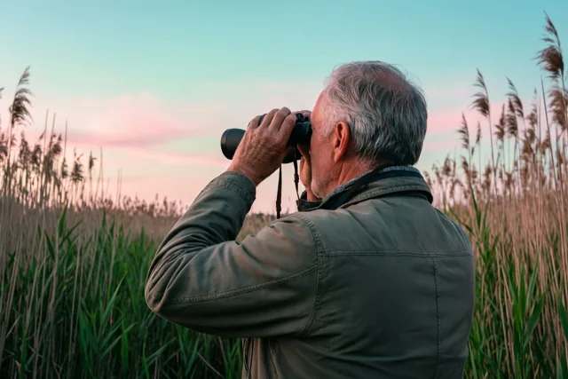Een oudere man met grijs haar kijkt met zijn rug naar de camera en een verrekijker in de hand naar een rietmoeras bij zonsondergang, in zachte roze en blauwgroene tinten.