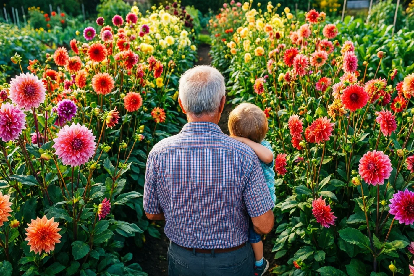 Een oudere man met wit haar draagt een klein kind op zijn heup terwijl hij door een tuin met hoge, kleurrijke dahlia’s loopt, van achteren gezien in warm zonlicht.
