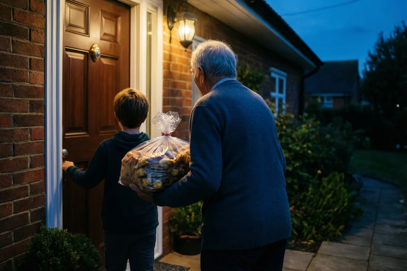 Een oudere man en een jonge jongen staan van achteren gezien met een grote zak eten aan een voordeur, met warm licht uit de deuropening bij schemering.