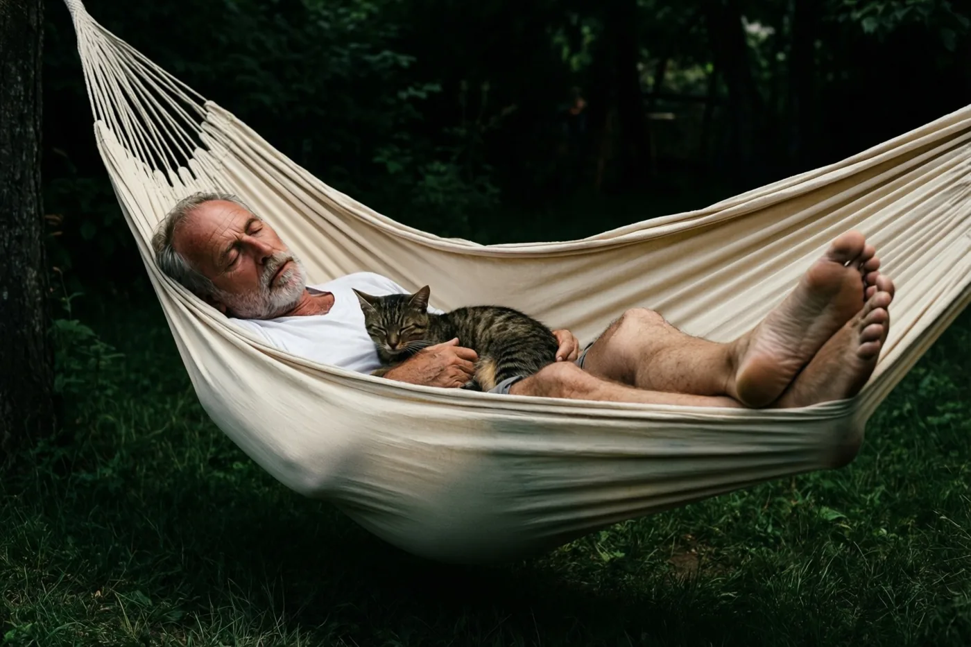 Een oudere man met een witte baard slaapt met een slapende tijgerkat op zijn buik in een beige hangmat boven het gras in een donkergroen bos.