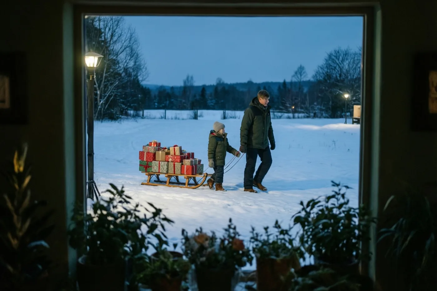 Door een raam van een warm verlichte kamer zijn een man en een kind te zien die bij valavond een houten slee met ingepakte kerstcadeaus over een besneeuwd veld trekken.