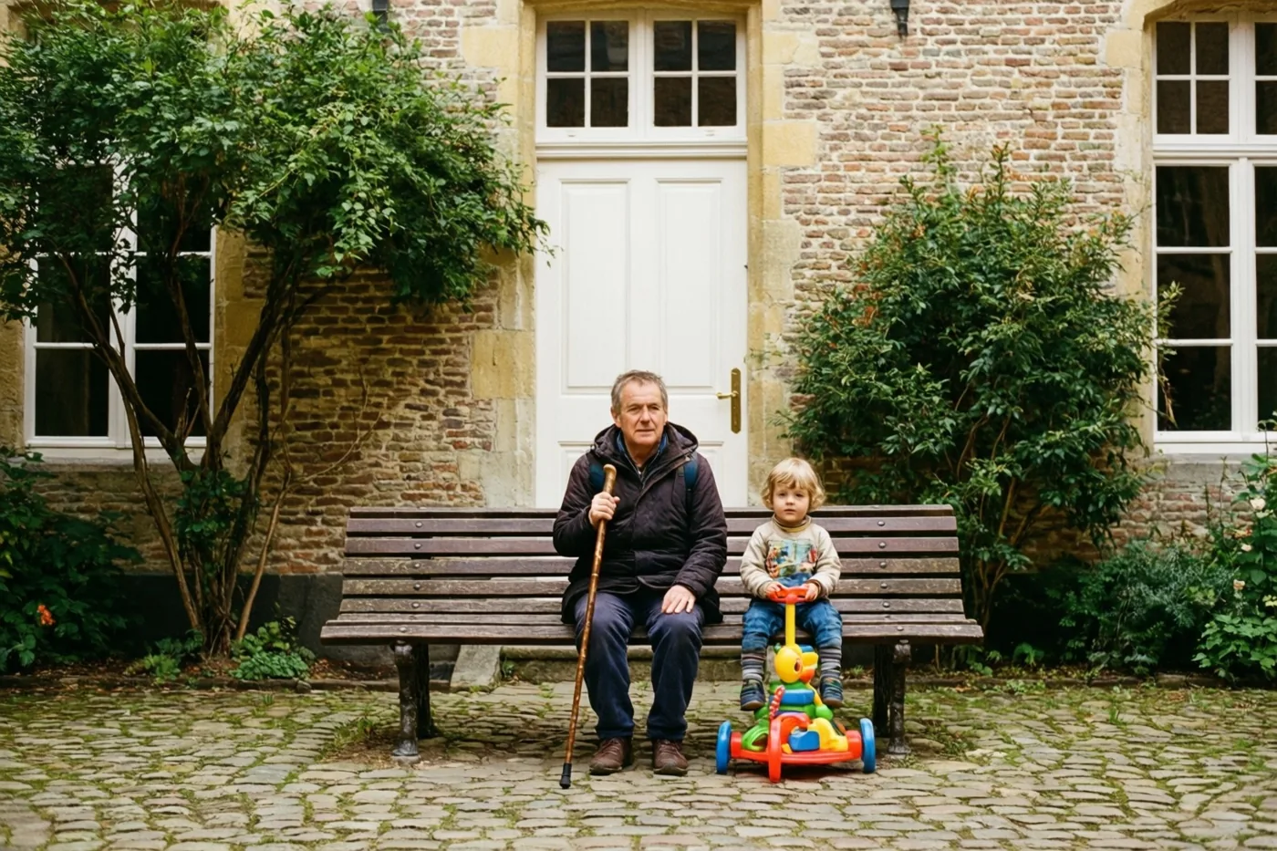 Een oudere man met een wandelstok en een jong kind met kleurrijk speelgoed zitten op een houten bank op een binnenplaats met kasseien, voor een bakstenen muur met een witte deur, ramen en groene struiken.