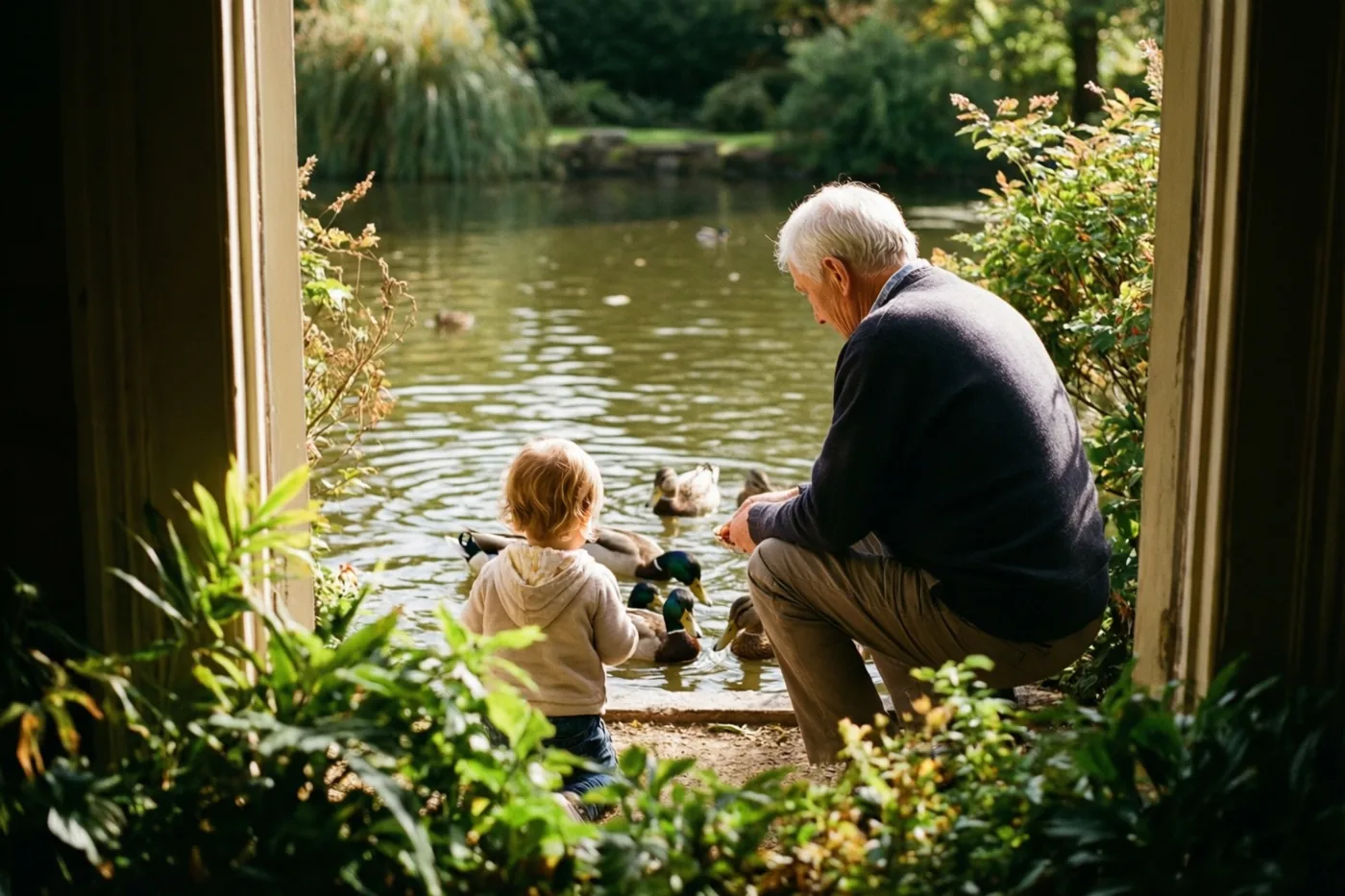 Een oudere man en een klein kind hurken met hun rug naar de kijker bij een vijver om eenden te voeren, gezien door een deuropening in een zonnige, groene tuin.