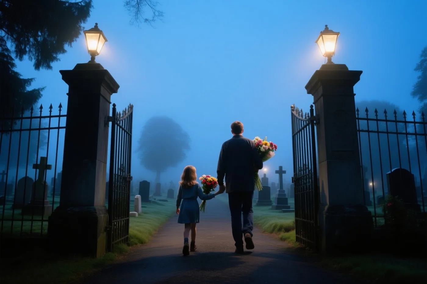 Een man en een jong meisje lopen hand in hand met elk een boeket door een kerkhofpoort, met brandende lantaarns op de poortpijlers en grafstenen in de ochtendmist.
