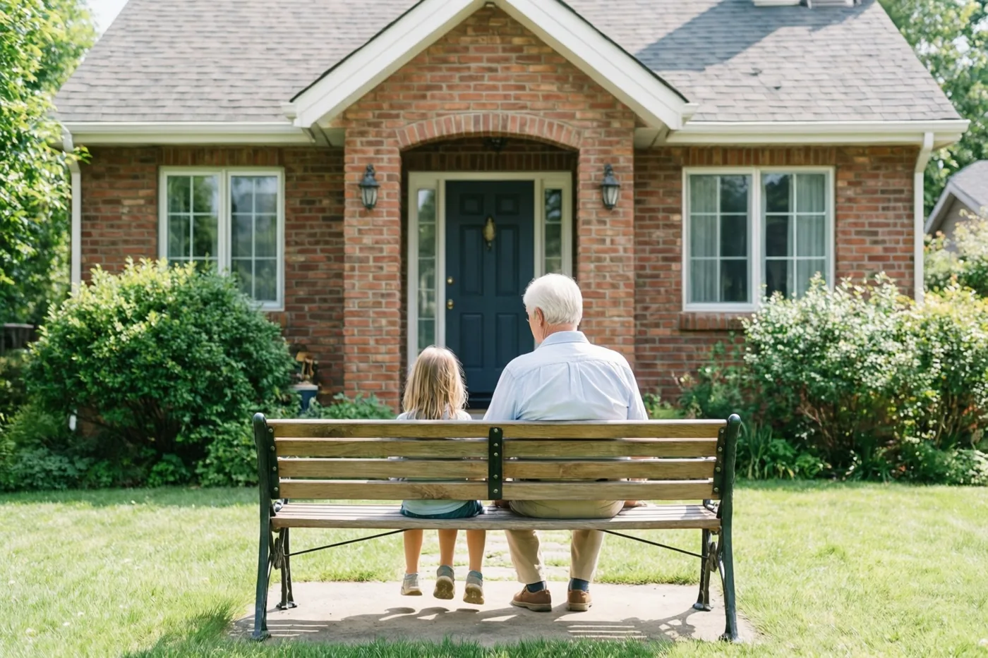 Een oudere man en een jong meisje zitten op een houten bank tegenover een bakstenen huis met een donkere voordeur, in een zonnige tuin.