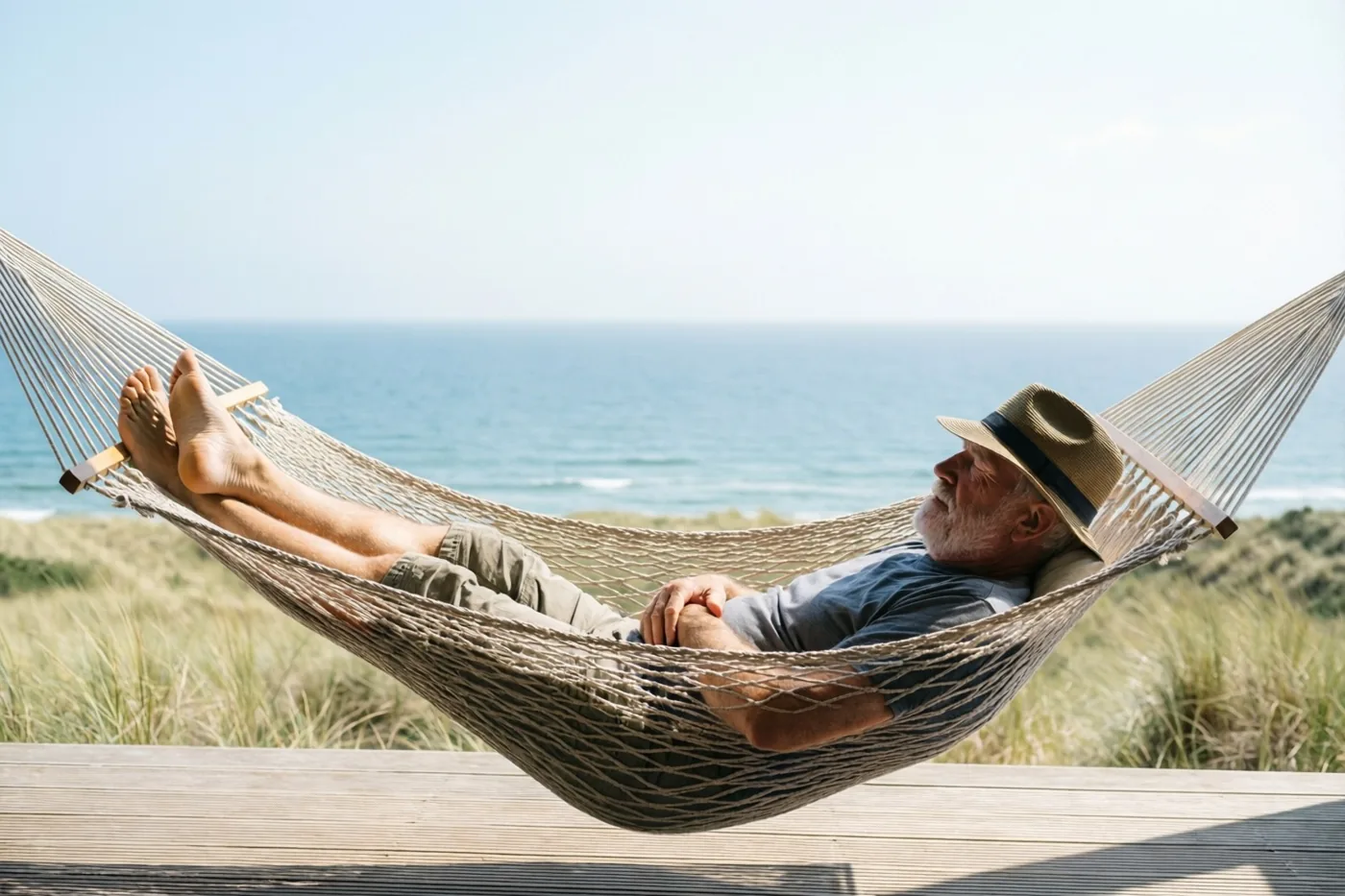 Een oudere man met een witte baard en strohoed dommelt in een beige touwhangmat boven een houten terras in een zonnig kustduin, met een blauwe zee onder een heldere hemel.