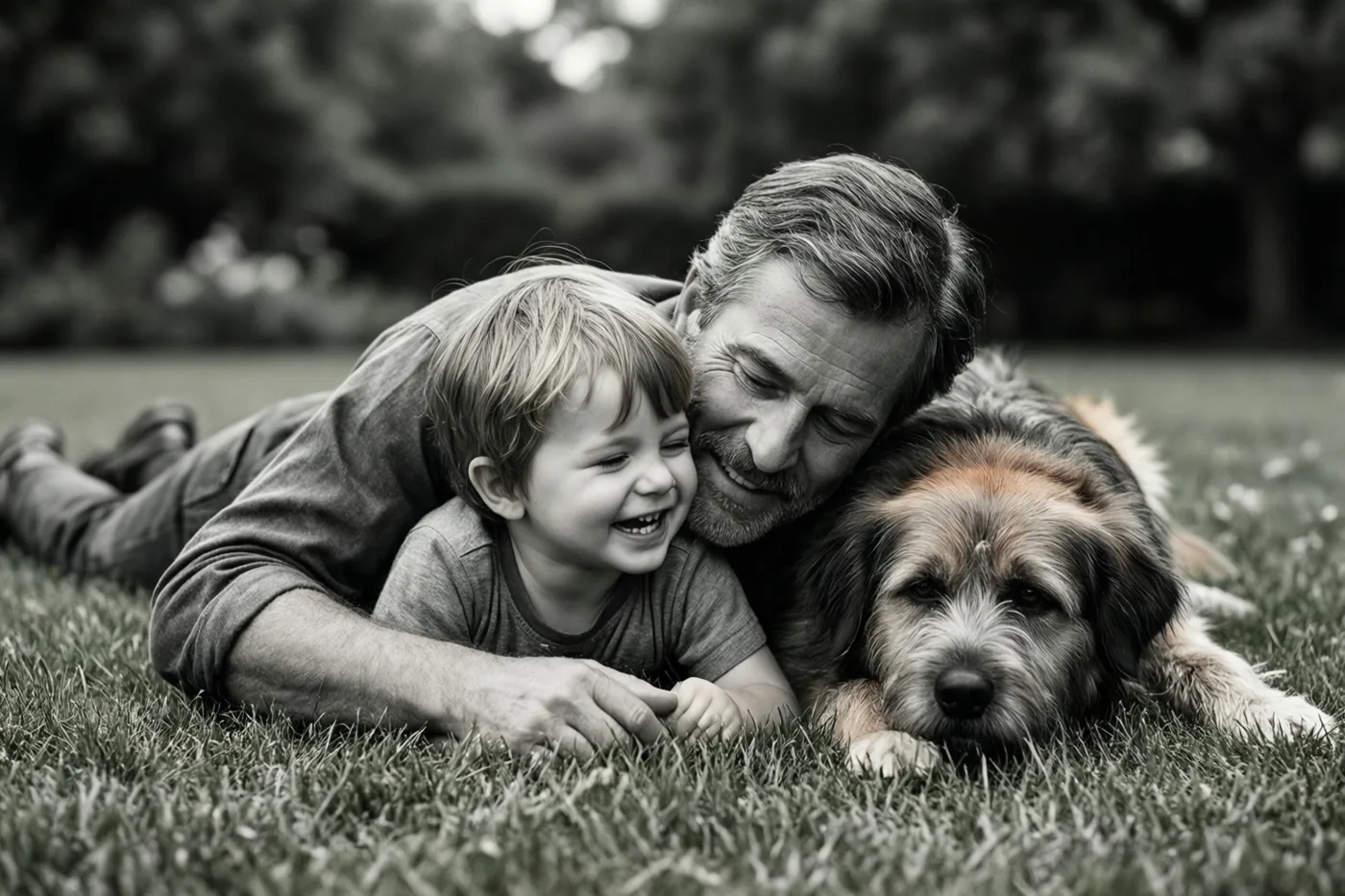 Op een zwart-witfoto liggen een lachende man en een jong kind samen in het gras, met een hond naast hen en bomen op de achtergrond.