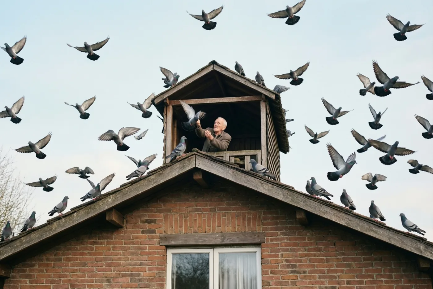 Een oudere man staat in een houten duivenhok aan een bakstenen huis en laat duiven los die om hem heen vliegen tegen een bleke hemel.