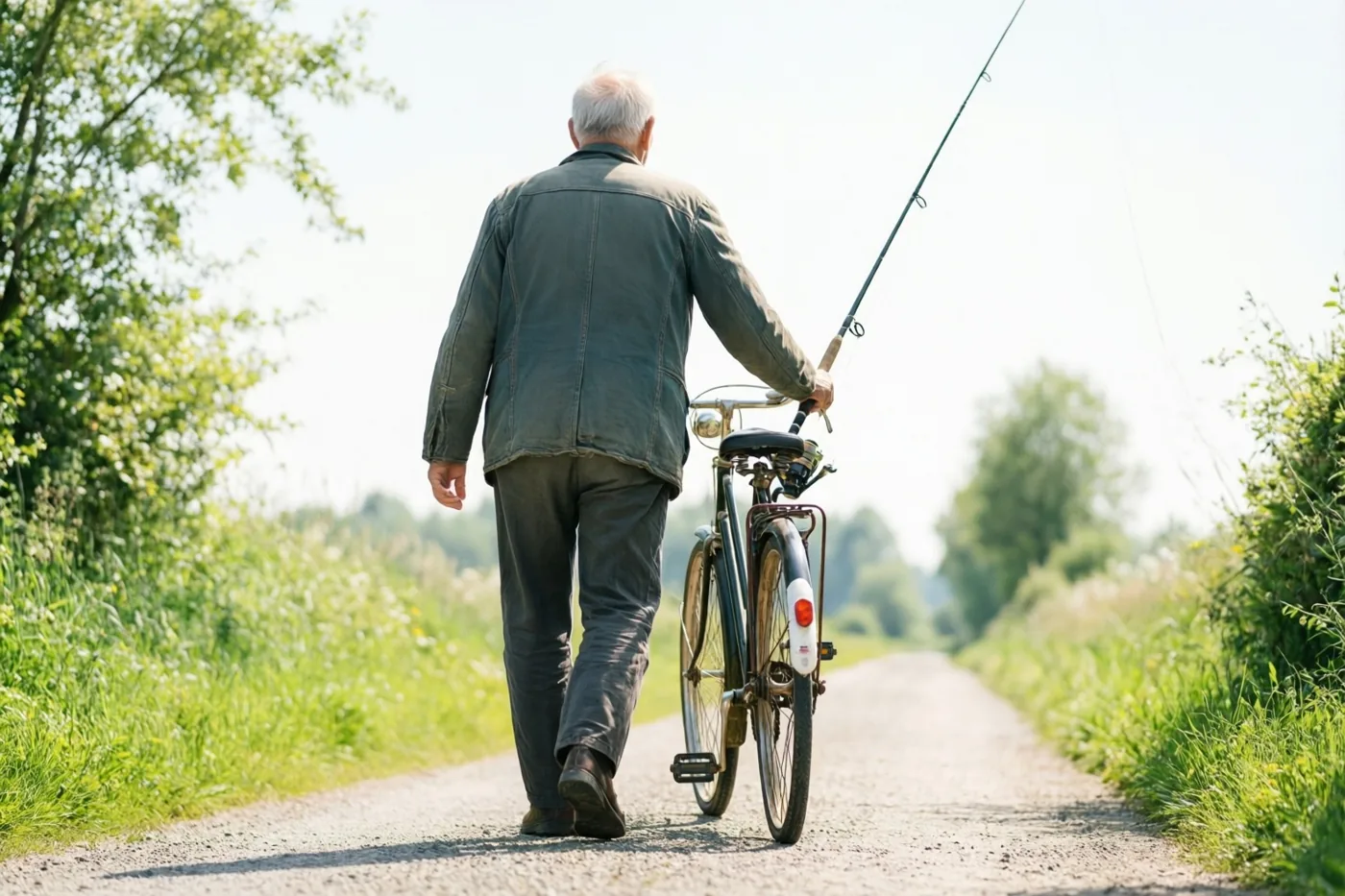 Een oudere man met wit haar loopt van de camera weg over een landelijke grindweg met een oude fiets aan de hand en een hengel in zijn rechterhand, tussen gras en bomen bij helder daglicht.