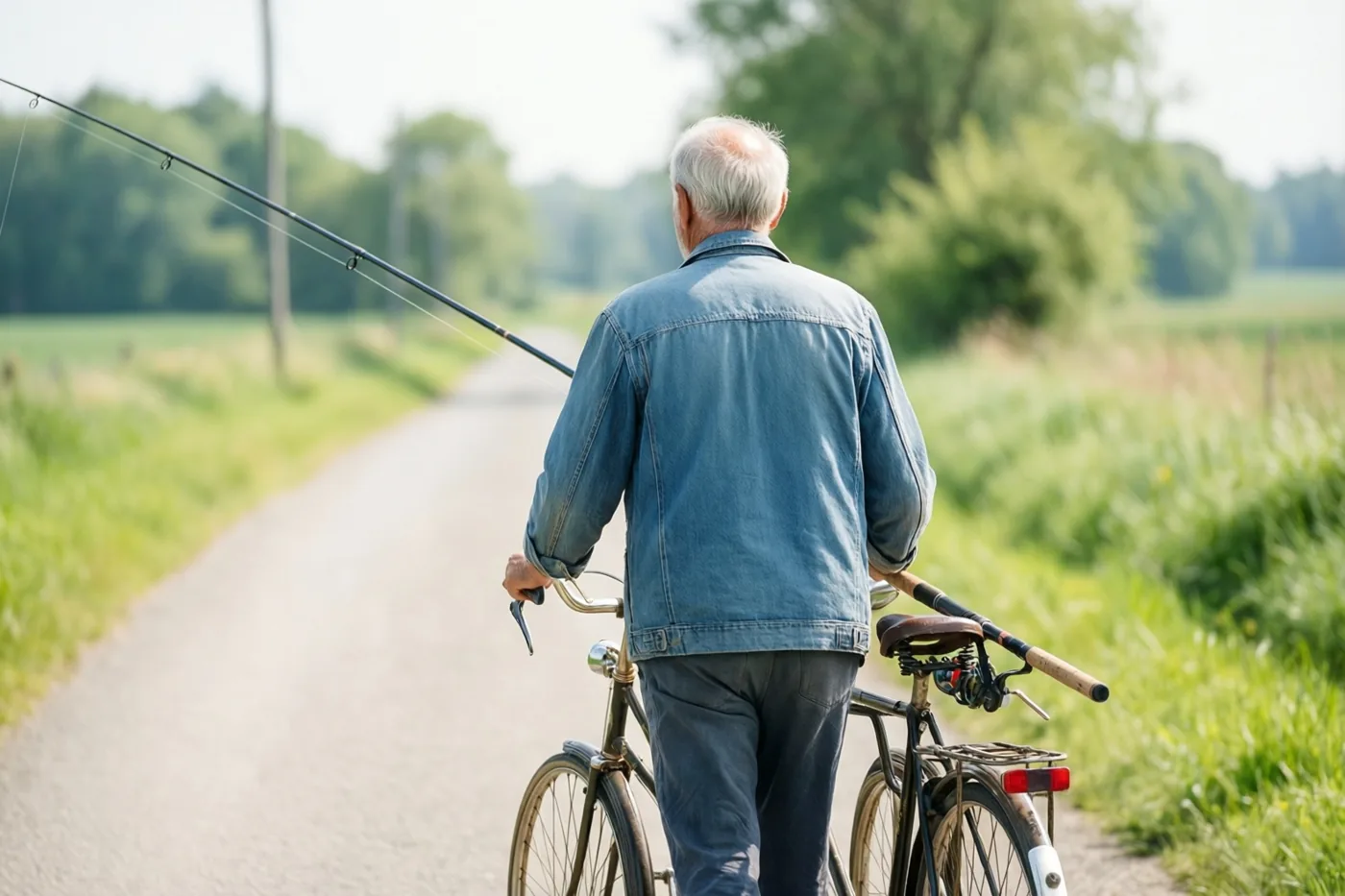 Een oudere man met wit haar duwt van achteren gezien een oude fiets over een landelijke grindweg, tussen groene velden en bomen in helder daglicht.
