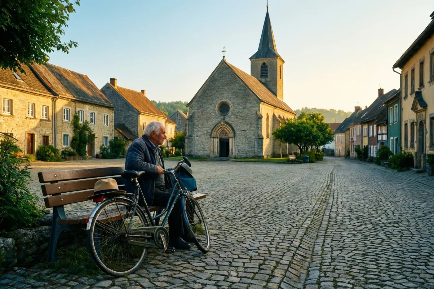 Een oudere man zit op een houten bank op een rustig dorpsplein met kasseien, met zijn fiets en hoed naast zich en een stenen kerk in warm ochtendlicht op de achtergrond.