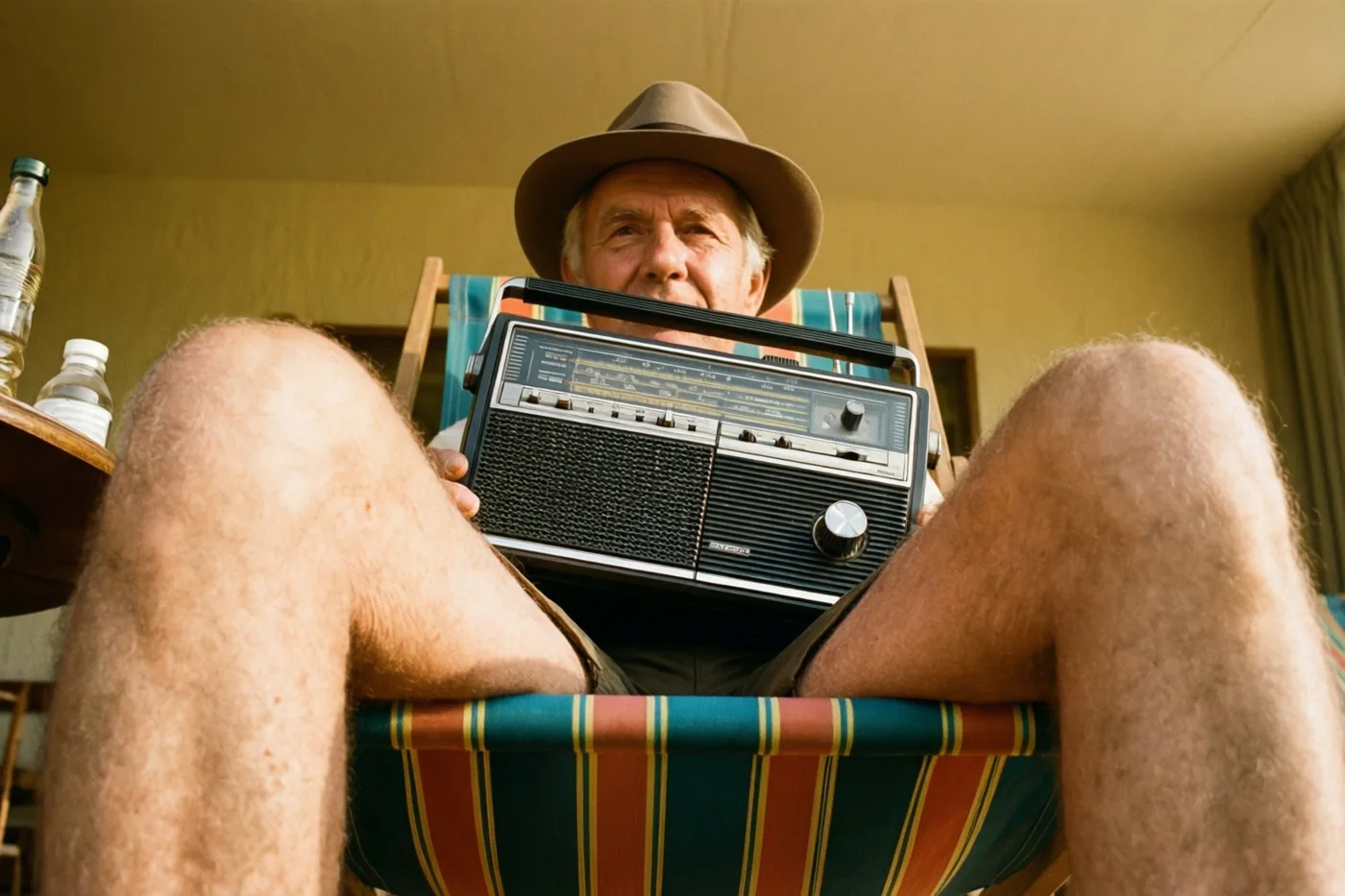 Een oudere man met een bruine hoed zit in een gestreepte ligstoel in jarenzeventigstijl met een oude transistorradio in zijn handen, bij gele muren en een houten bijzettafel met flessen.