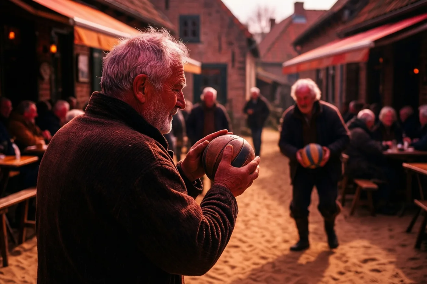 Een oudere man met wit haar houdt een houten krulbol vast op een zandbaan achter een dorpscafé, terwijl andere oudere mannen achter hem spelen in warm goudkleurig licht.