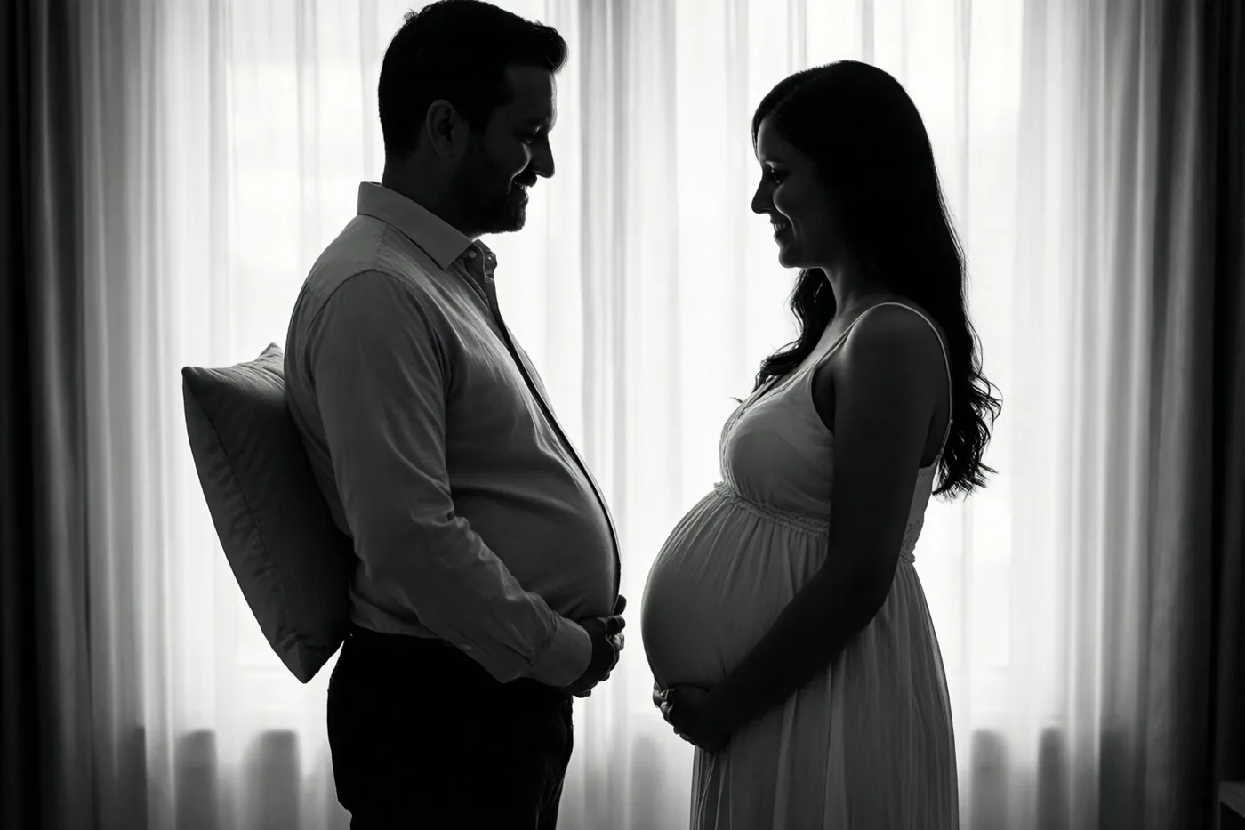 Een man met een kussen onder zijn hemd en een zwangere vrouw staan als silhouetten tegenover elkaar voor doorschijnende gordijnen en houden hun buik vast.