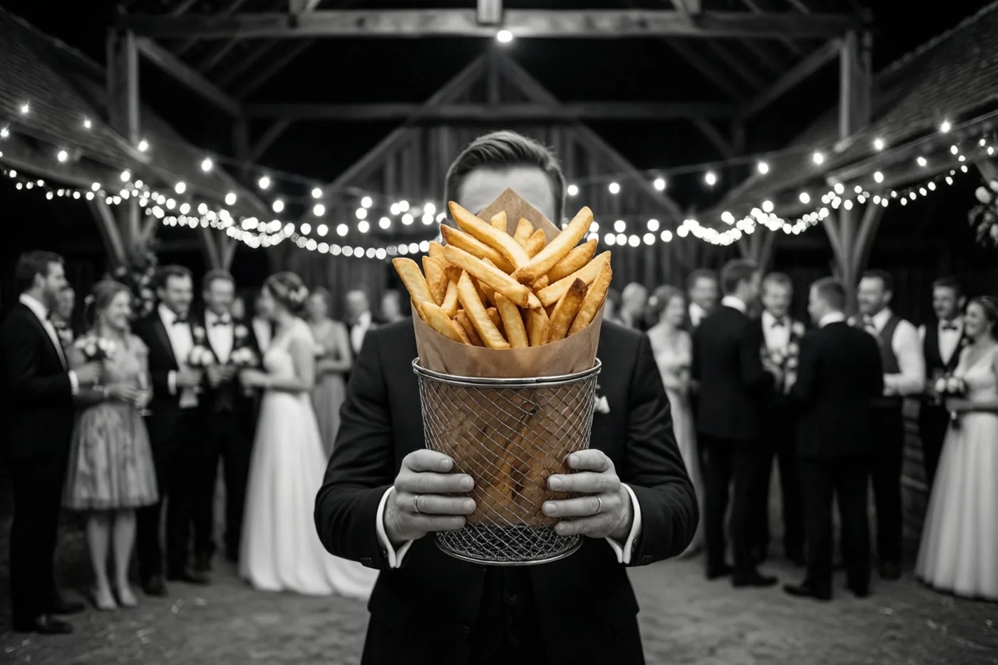 Een man in een pak houdt op een huwelijksreceptie onder lichtslingers een mand frieten voor zijn gezicht, in een zwart-witbeeld waarin alleen de frieten kleur hebben.