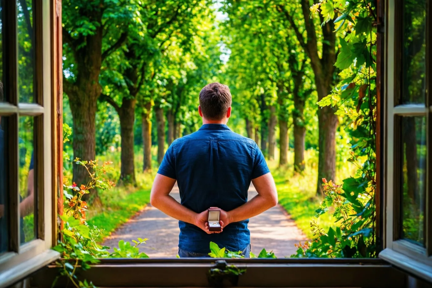Door een open raam met groen op de voorgrond is een man van achteren te zien die op een bomenlaan staat en een klein ringdoosje achter zijn rug houdt.