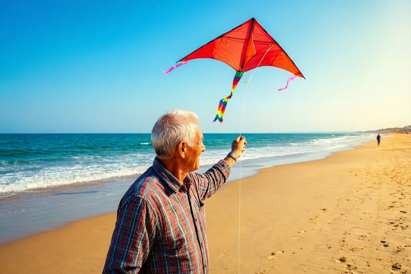 Een oudere man met wit haar laat een rode vlieger op op een breed zandstrand, met de zee en een helderblauwe hemel op de achtergrond.