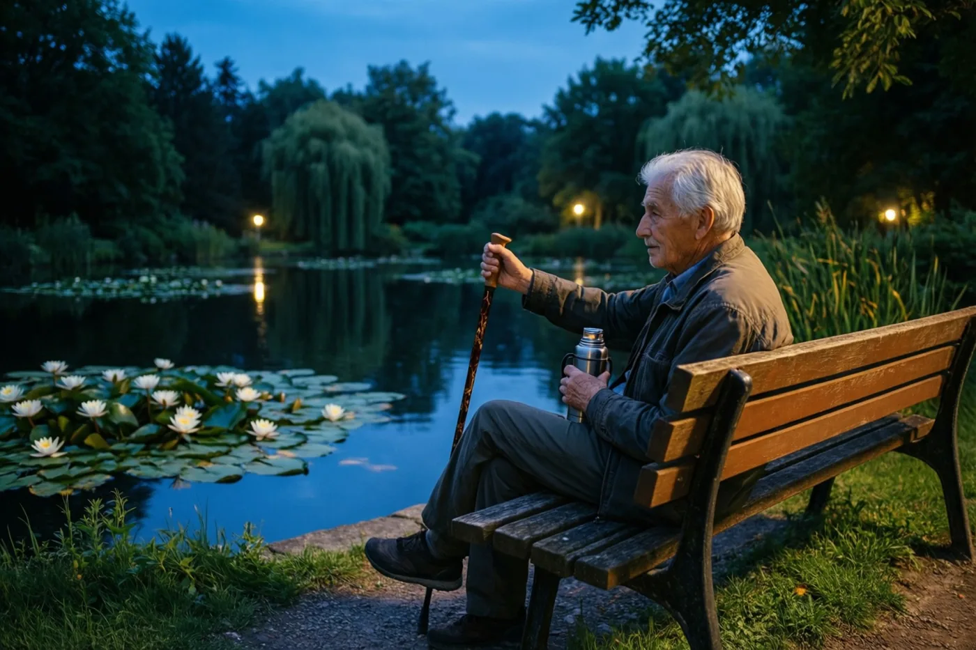 Een oudere man zit in de schemering op een houten bank naast een vijver met waterlelies, met een wandelstok en een thermos in zijn handen en bomen op de achtergrond.