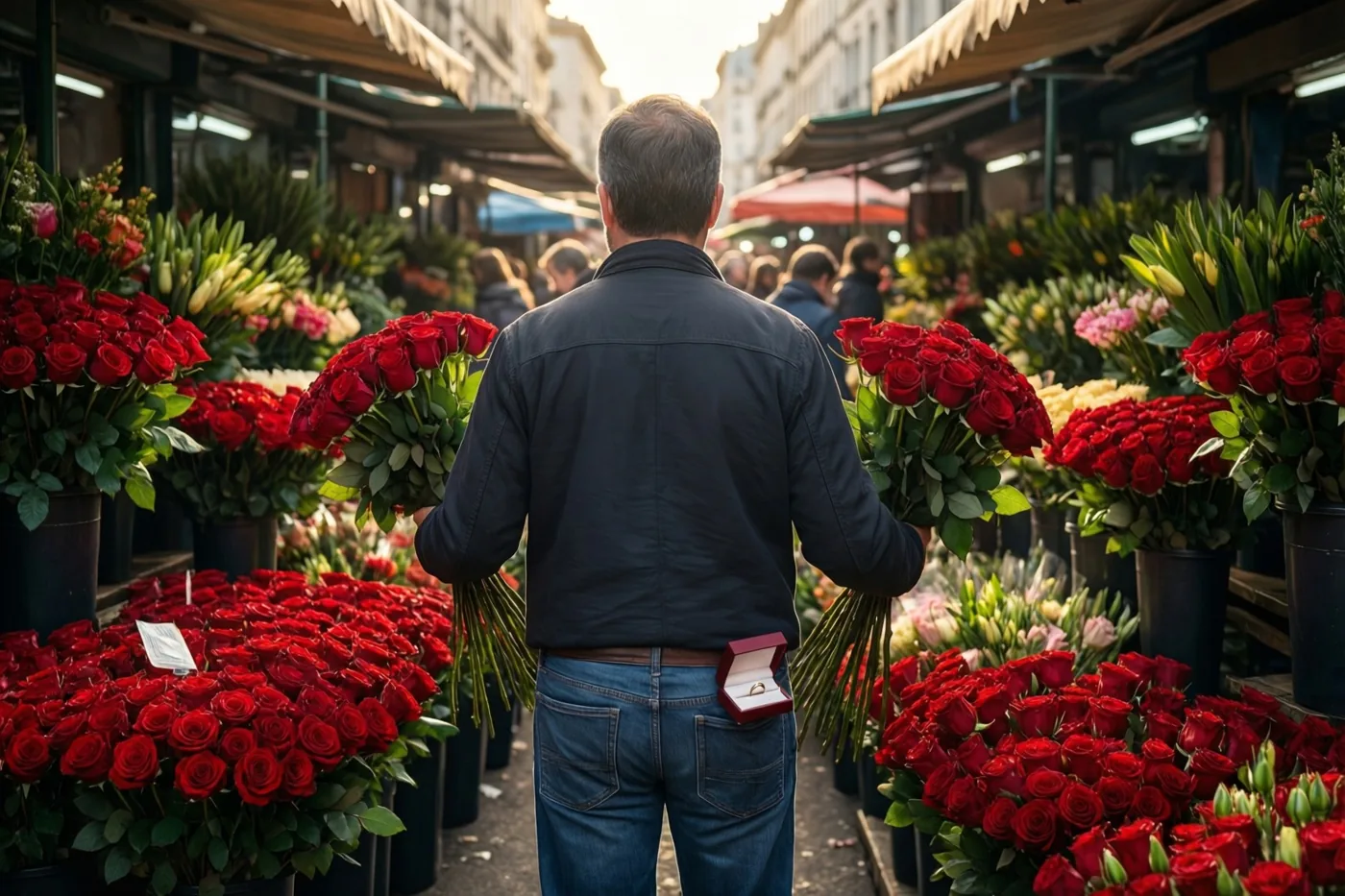 Een man staat met de rug naar de camera op een drukke bloemenmarkt met twee boeketten rode rozen en een klein open rood ringdoosje in de achterzak van zijn jeans, tussen groen en marktluifels.