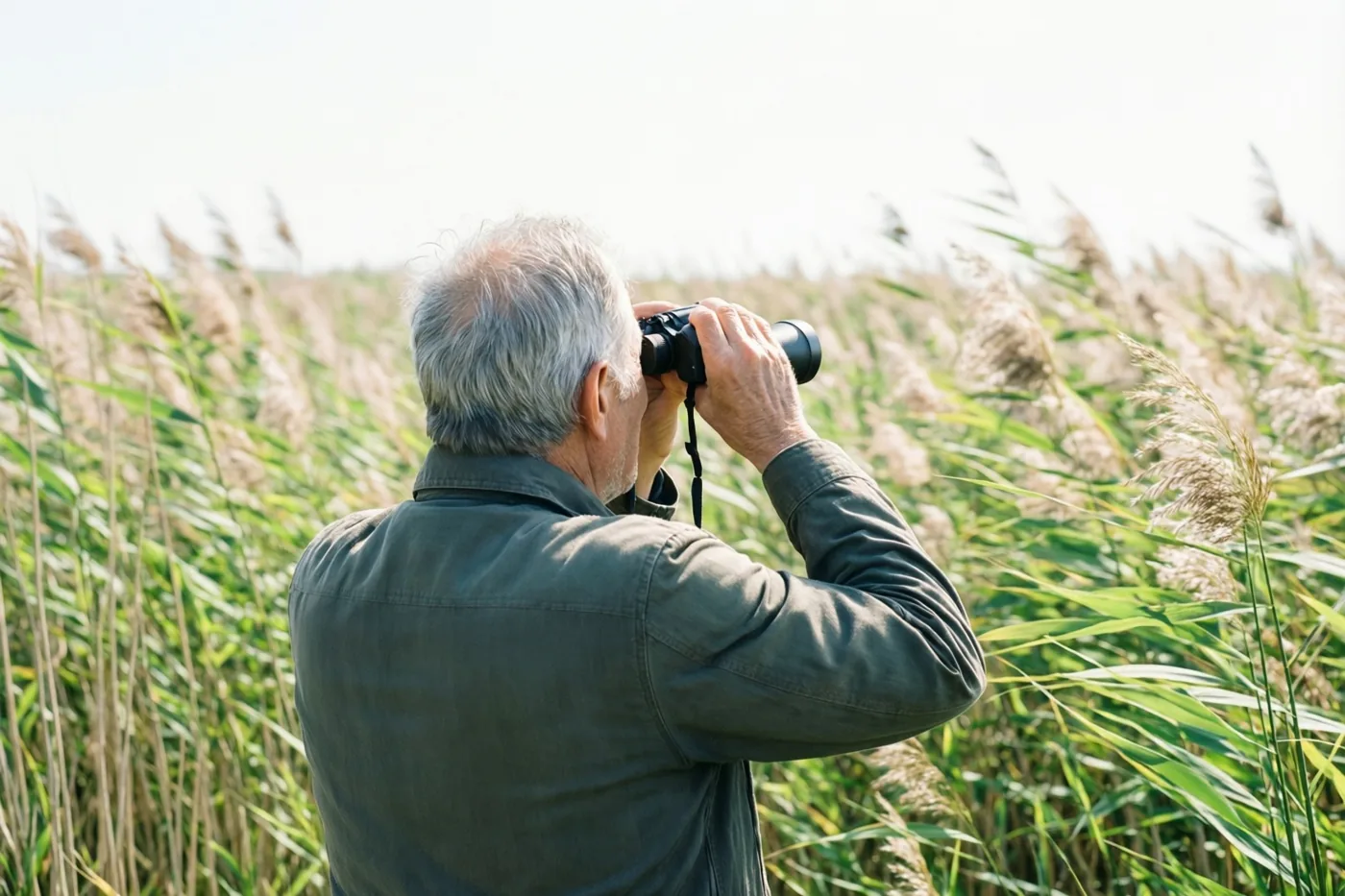 Een oudere man met grijs haar houdt een verrekijker vast en bekijkt met zijn rug naar de camera een rietmoeras bij helder daglicht, in groene en beige tinten.