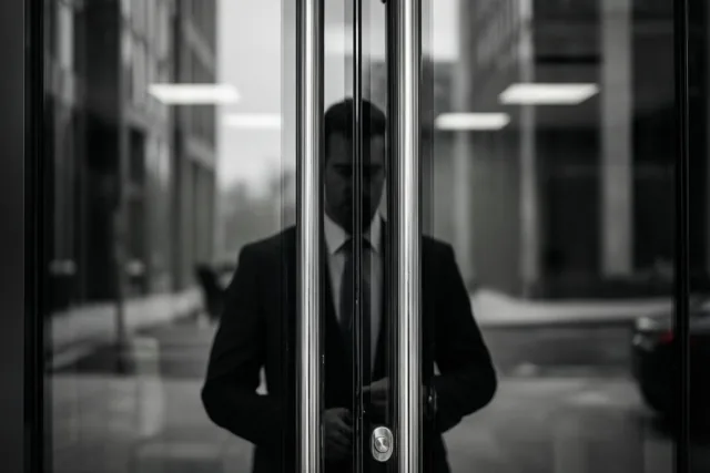 Een man in een pak staat bij de ingang van een kantoor, met zijn weerspiegeling in de glazen deuren op een monochrome foto.