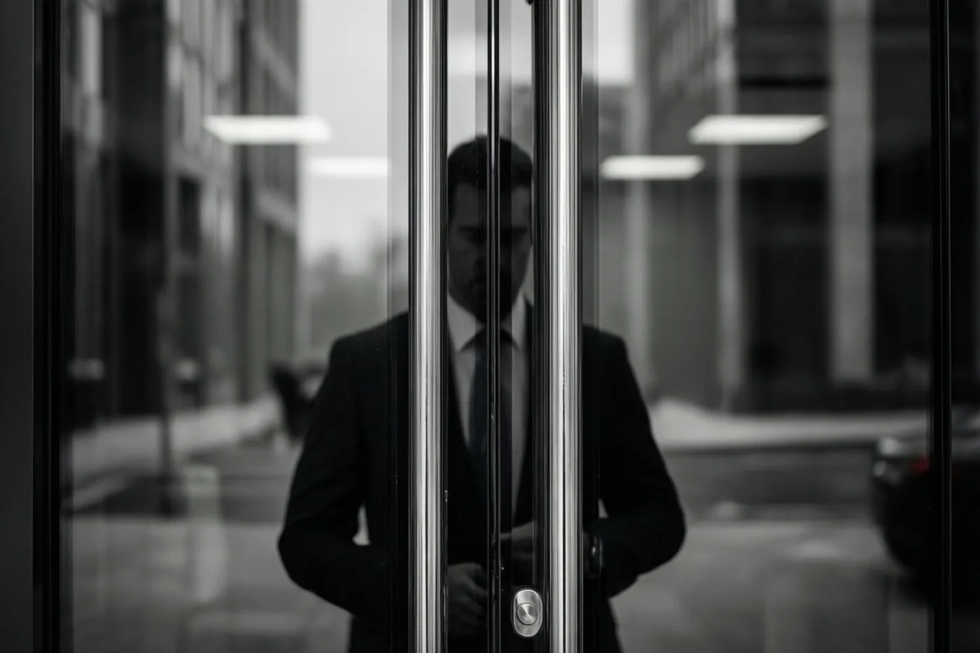 Een man in een pak staat bij de ingang van een kantoor, met zijn weerspiegeling in de glazen deuren op een monochrome foto.