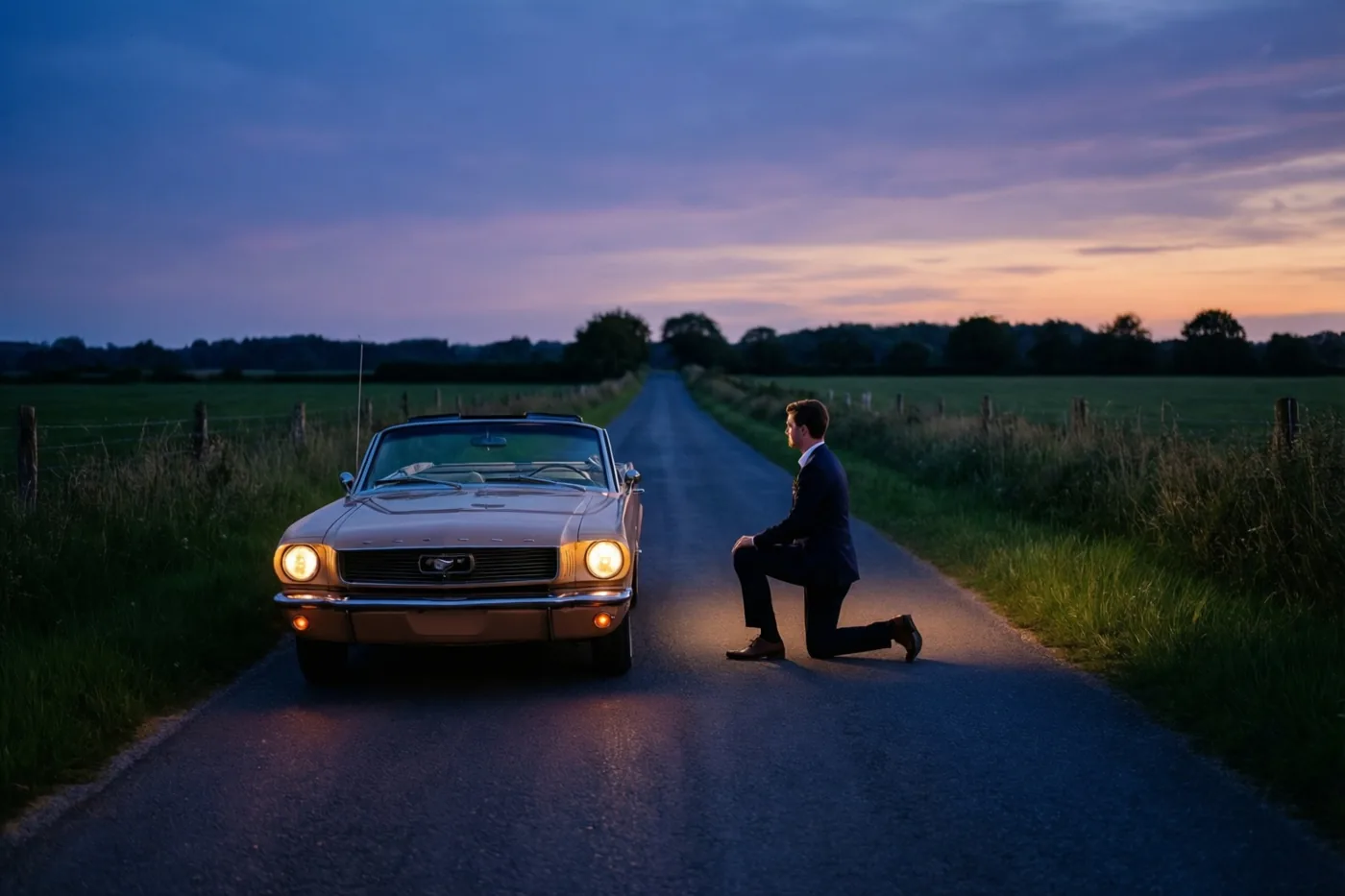 Een man in een pak knielt op een landweg naast een oldtimer met open dak en brandende koplampen, tussen velden en bomen onder een blauwe, paarse en oranje avondlucht.