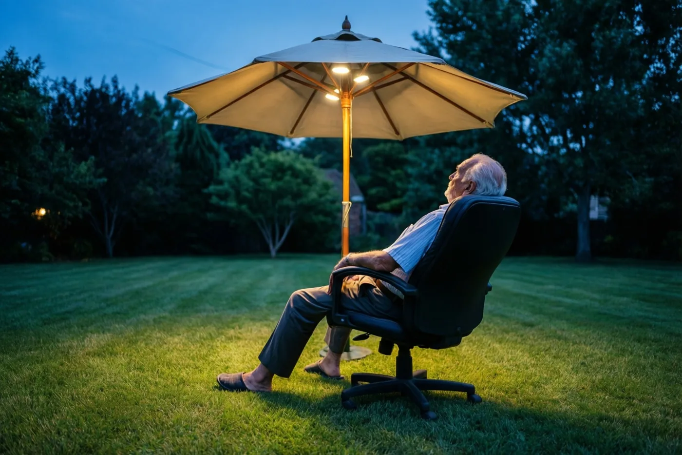 Een oudere man met wit haar leunt in een zwarte bureaustoel op het gazon onder een verlichte beige parasol, met een blauwe schemerlucht en donkere bomen op de achtergrond.