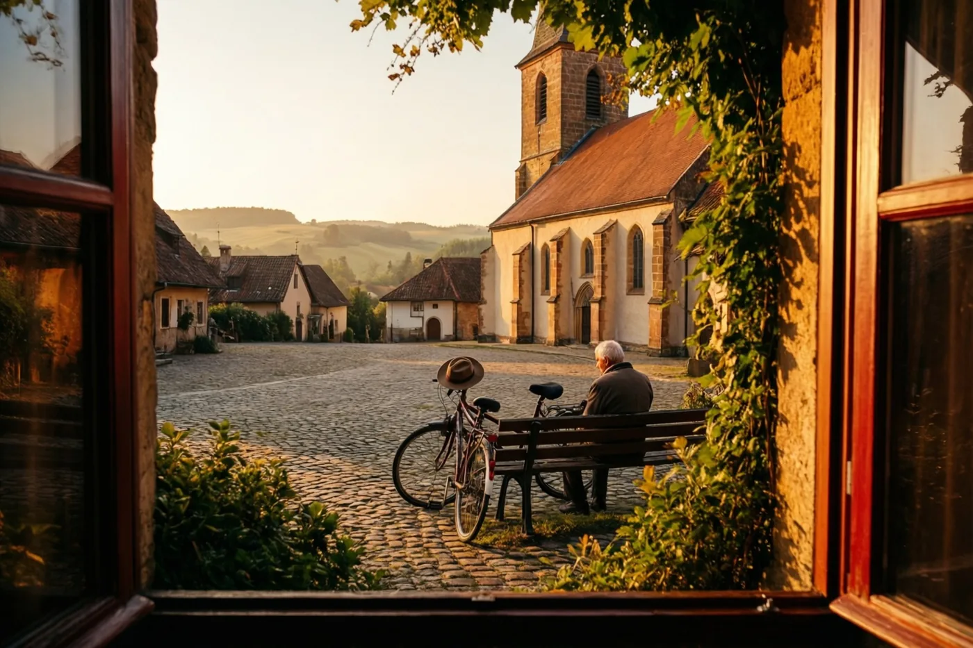 Door een houten raam zie je een oudere man op een bank op een rustig kasseienplein naast een kerk, met zijn fiets en hoed dichtbij in warm goudkleurig licht.