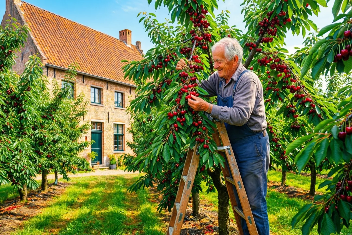 Een oudere man met wit haar plukt rijpe rode kersen vanaf een houten ladder in een boomgaard, met een bakstenen Vlaamse hoeve onder een heldere blauwe hemel achter zich.