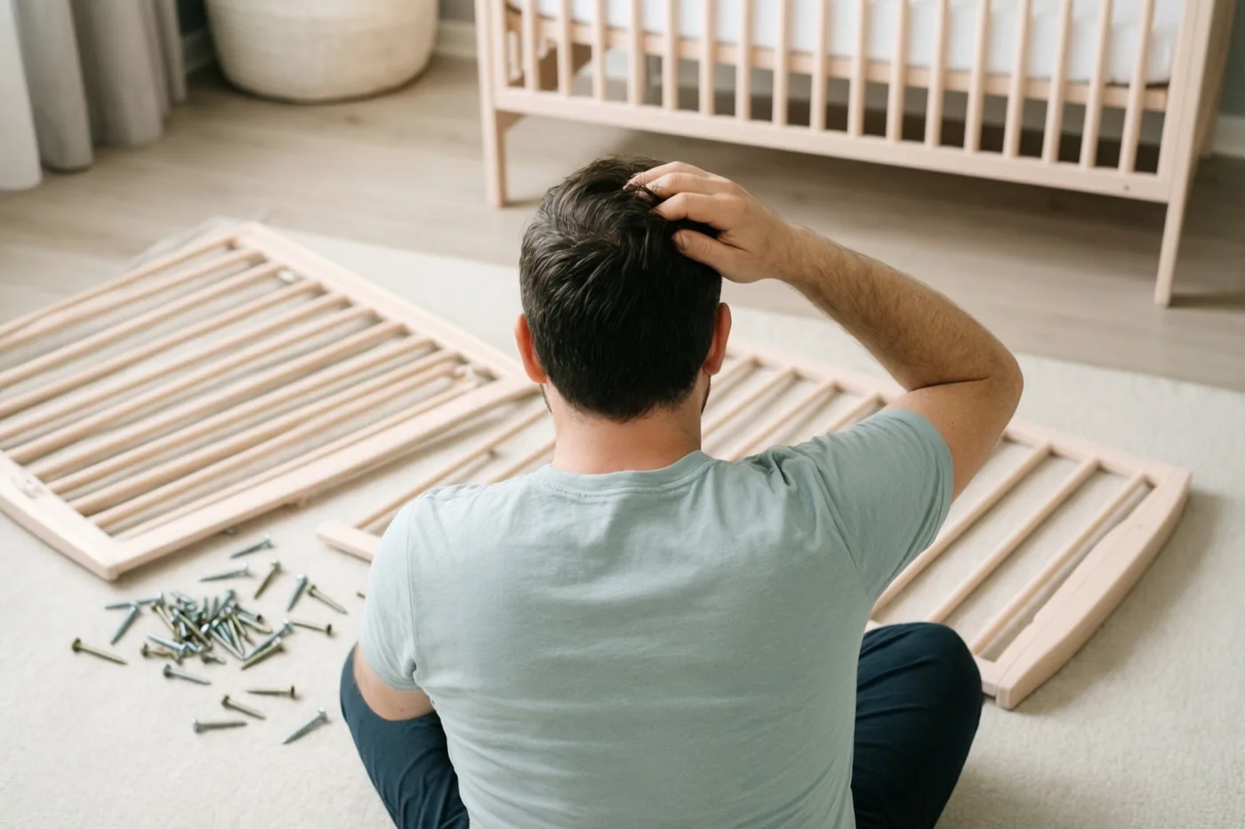 Een man zit met zijn rug naar de camera op een lichte houten vloer in een babykamer en krabt aan zijn hoofd tussen losse bedonderdelen en schroeven, met een half gemonteerd babybed op de achtergrond.