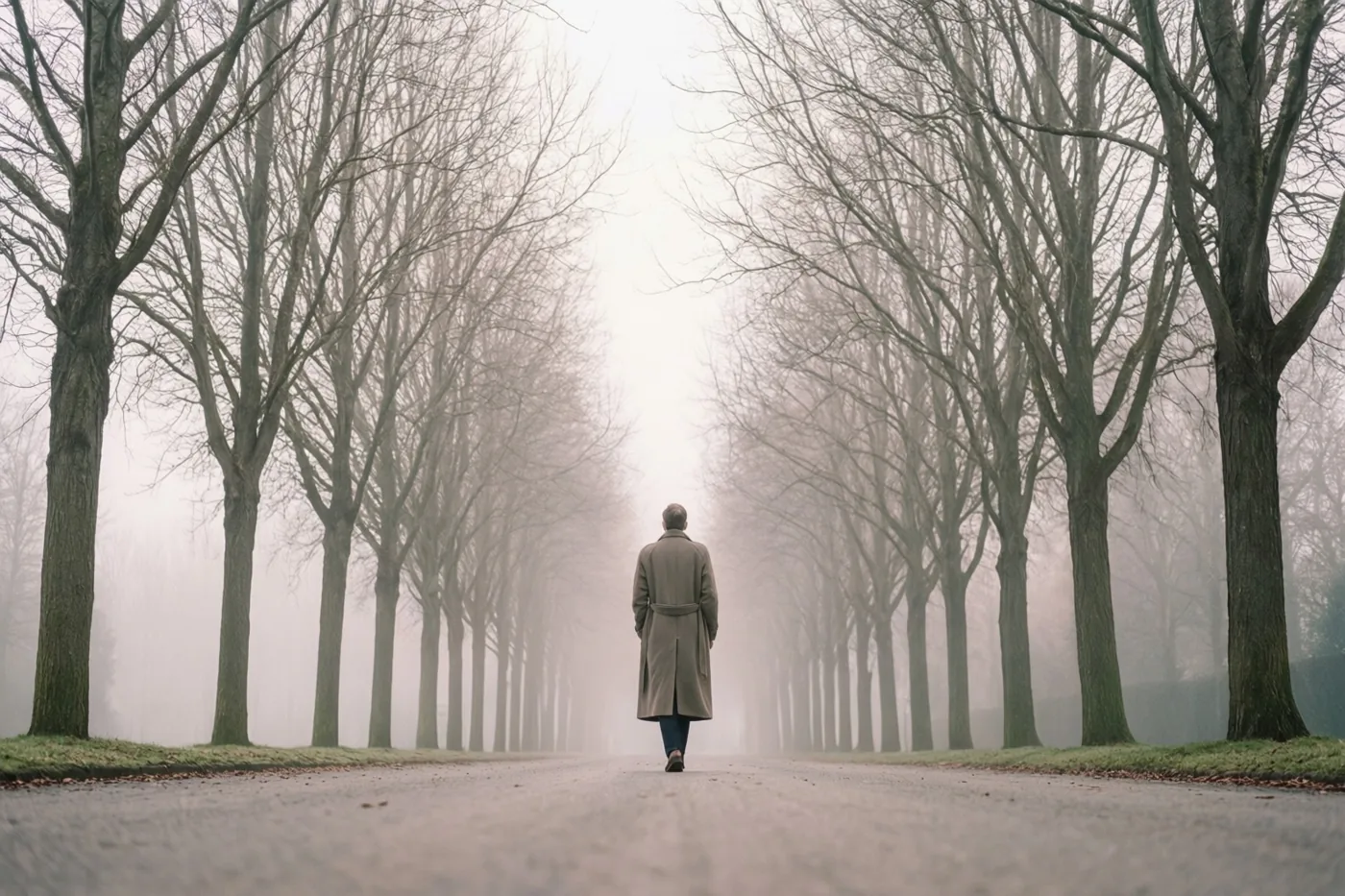 Een man in een lange jas wandelt weg over een recht pad tussen kale bomen in dichte mist, in gedempte grijze en bruine tinten.