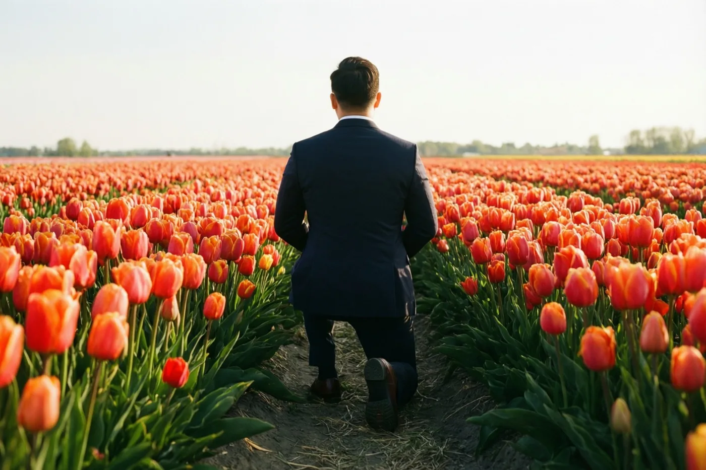Een man in een donker pak knielt, van achteren gezien, op een pad tussen rijen oranje tulpen in een uitgestrekt veld onder een heldere, nevelige hemel.