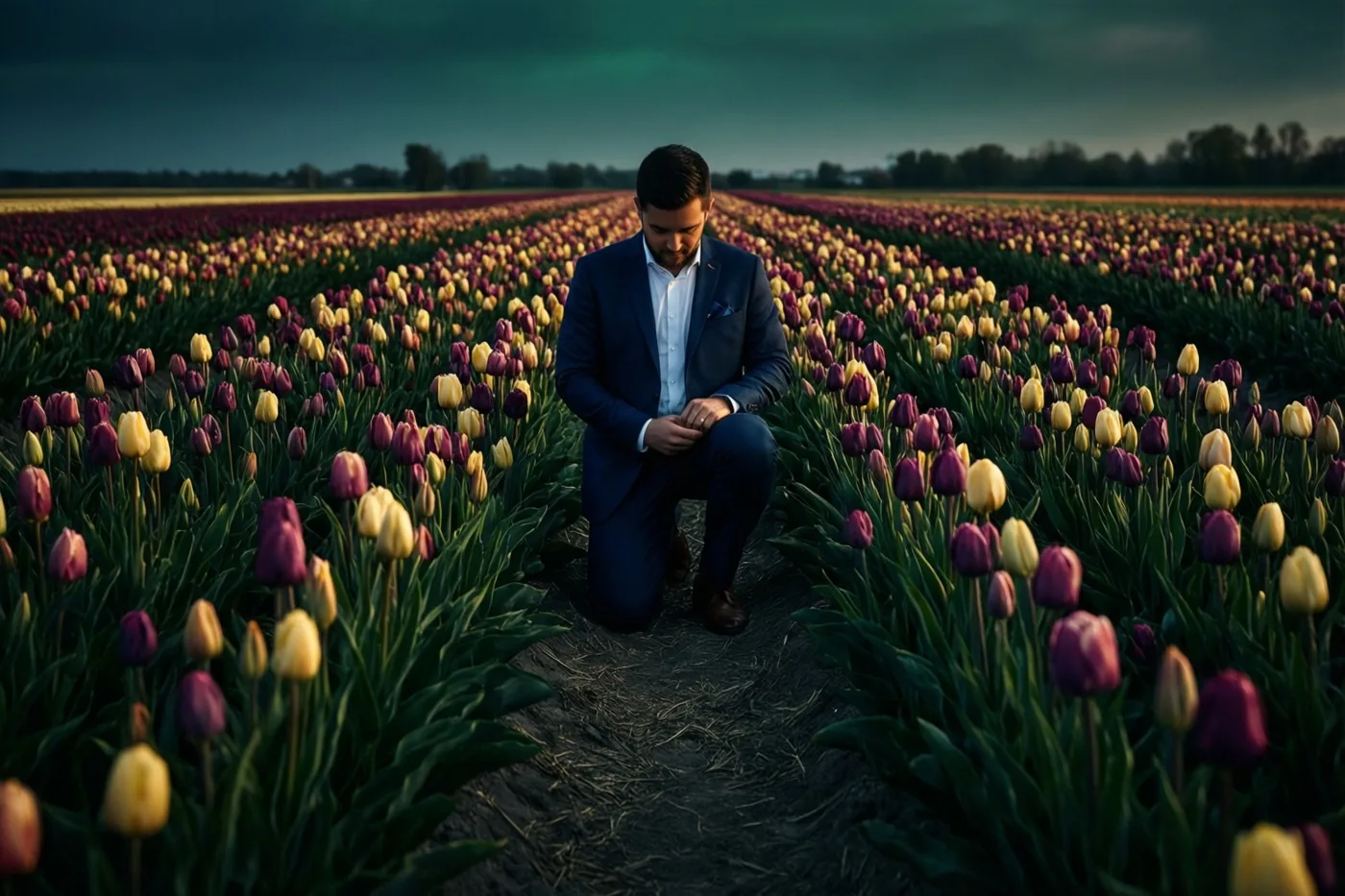 Een man in een donker pak knielt midden in een uitgestrekt tulpenveld met rijen paarse en gele bloemen onder een donkere, dreigende hemel.